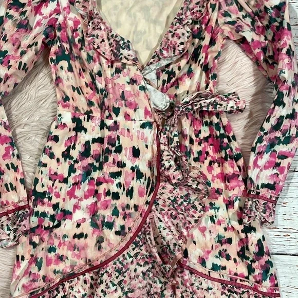 Rococo Sand Mimi Ruffle Trim Long Sleeve Mini Wrap Dress Pink Floral Barbiecore - Picture 10 of 11